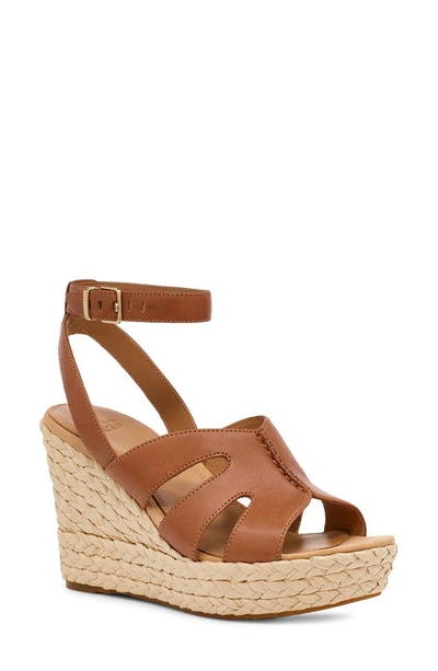 Ugg Careena Raffia Platform Wedge Sandal In Chestnut Leather