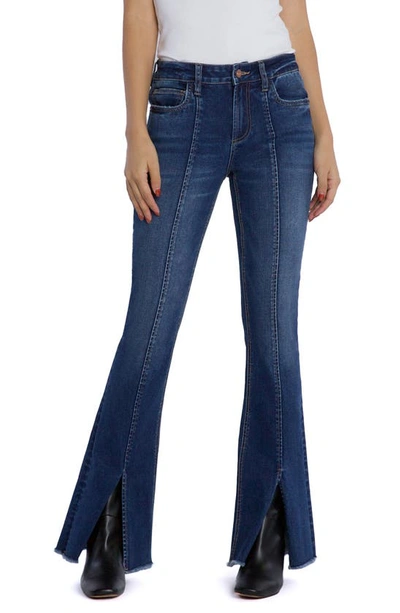 Hint Of Blu Fun Mid Rise Frayed Slim Flare Jeans In Riptide