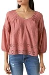 Lucky Brand Embroidered Eyelet Peasant Top In Dusty Cedar