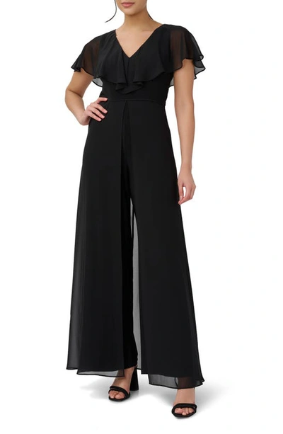 Adrianna Papell Ruffle Chiffon & Jersey Jumpsuit In Black