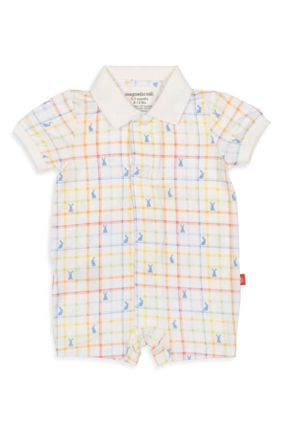 Magnetic Me Babies' Hopscotch Check Magnetic Stretch Modal Romper In Neutral