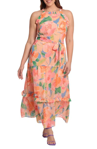 Maggy London Tiered Apron Dress In Sky Blue/ Peach