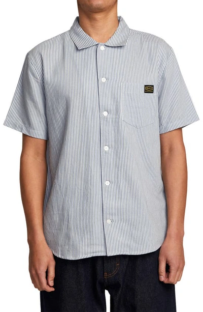 Rvca Dayshift Stripe Cotton Short Sleeve Button-up Shirt In Deja Blue