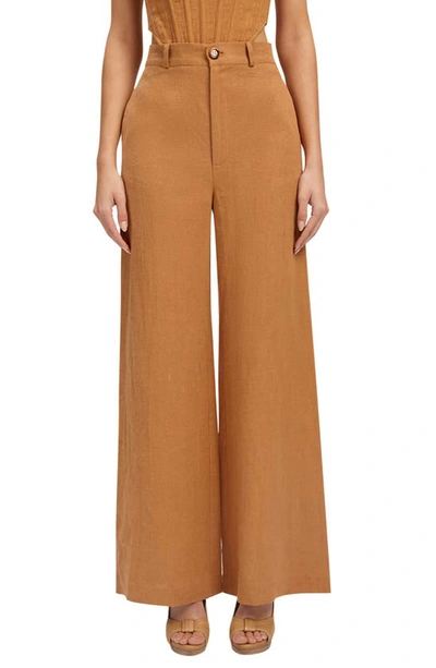 Bardot Enya High Waist Wide Leg Linen Pants In Brown