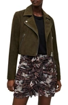 Allsaints Dalby Crop Suede Biker Jacket In Emerald Green