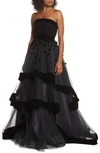 Mac Duggal Strapless Tiered Gown With Velvet Trim & Floral Appliques In Black