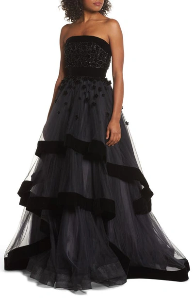 Mac Duggal Strapless Tiered Gown With Velvet Trim & Floral Appliques In Black