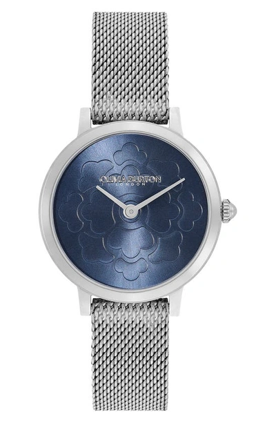 Olivia Burton Women's Ultra Slim Floral Silver-tone Stainless Steel Watch 28mm In Blue/silver