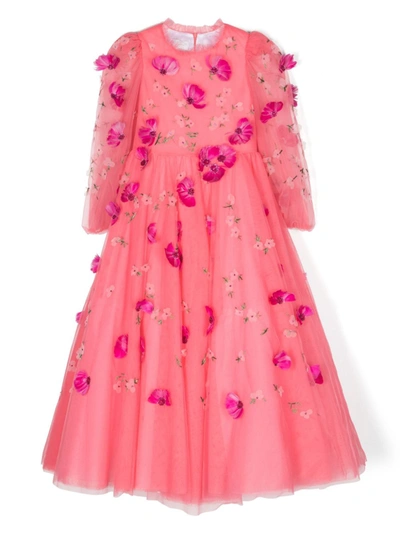 Marchesa Couture Kids' Girls Coral Pink Tulle Floral Dress