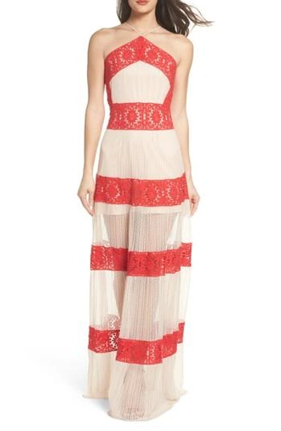 Foxiedox Ophelia Two-tone Lace Maxi Dress In Red/ Nude