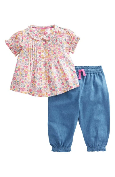 Mini Boden Babies' Floral Cotton Blouse & Denim Pants Set In Berry Pink Butterfly