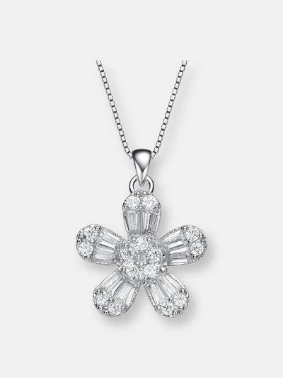 Genevive Sterling Silver With Rhodium Plated Baguette Cubic Zirconia Flower Style Pendant Necklace In White