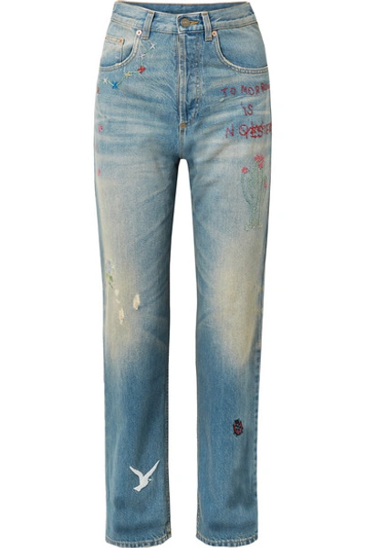 Gucci Embroidered Distressed High-rise Straight-leg Jeans In Denim