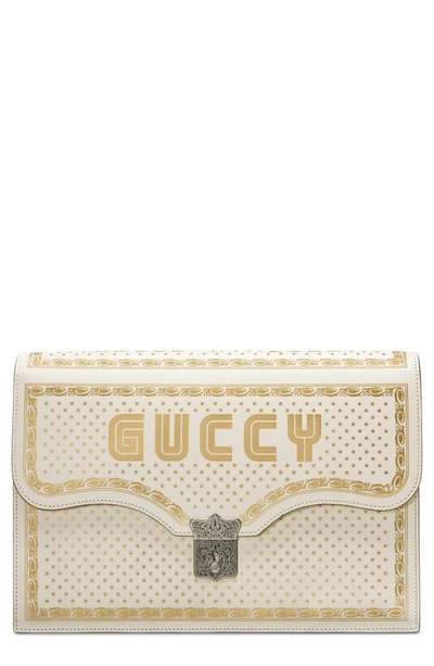 Gucci Guccy Logo Moon & Stars Envelope Clutch - White In Mystic White/ Oro