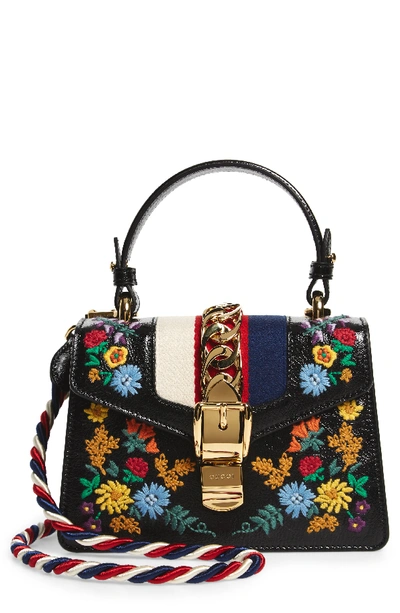 Gucci Mini Sylvie Flower Embroidery Leather Shoulder Bag - Black In Nero Multi