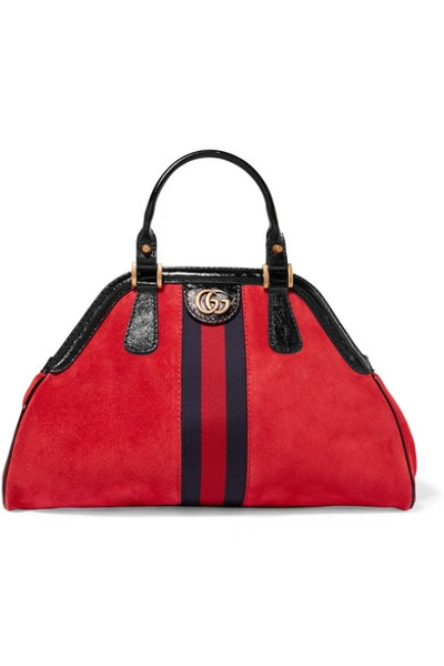 Gucci Re(belle) Small Patent Leather-trimmed Suede Tote In Hibiscus Red/ Nero/ Blue Red
