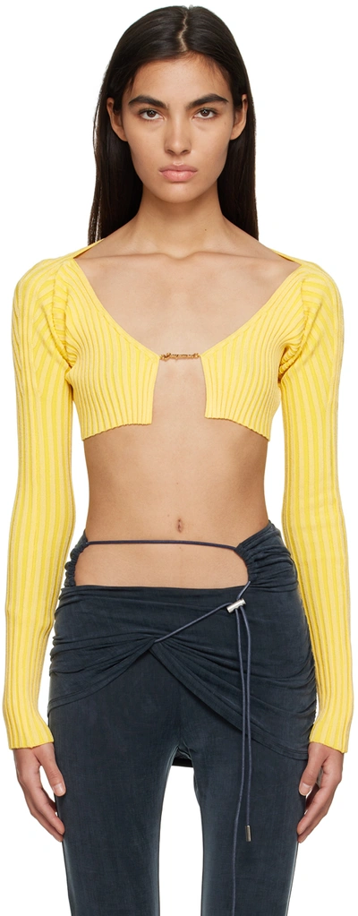 Jacquemus La Maille Pralù Yellow Cropped Cardigan With Golden Logo In Stretch Viscose Woman