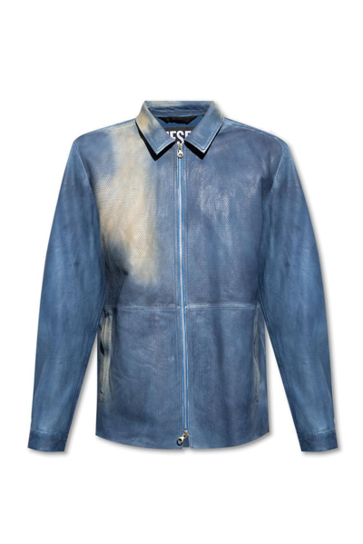 Diesel Blue L-clime Leather Jacket In 8ii