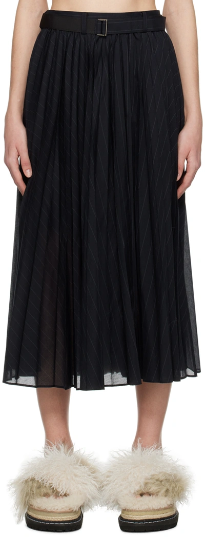 Sacai Navy Pleated Midi Skirt In Blue