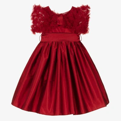 Nicki Macfarlane Kids' Girls Red Silk Dress With Tulle Flowers