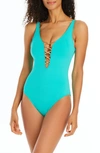Bleu By Rod Beattie Kore Lace Down Mio One-piece Swimsuit In Belize/ Rose Gold