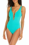 Bleu Rod Beattie Kore Lace Down Mio One-piece Swimsuit In Belize/ Rose Gold