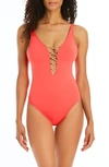 Bleu By Rod Beattie Kore Lace Down Mio One-piece Swimsuit In Hot Coral/ Rose Gold