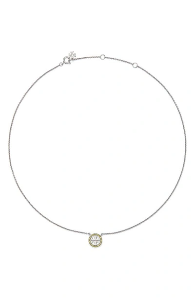 Tory Burch Pavé Logo Pendant Necklace In Tory Silver / Olive
