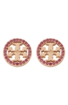 Tory Burch Crystal Logo Circle Stud Earrings In Gold Ruby