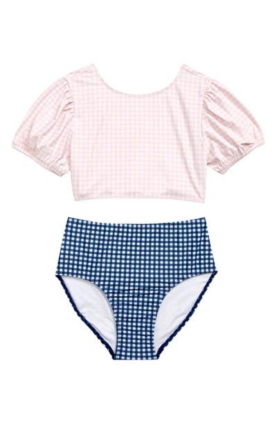 Nordstrom Kids' Puff Sleeve Two-piece Swimsuit In Pink Potpourri- Navy Gingham