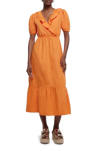 River Island Puff Sleeve Faux Wrap Midi Dress In Orange