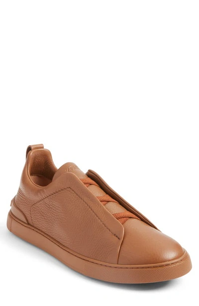 Zegna Triple Stitch Deerskin Leather Slip-on Sneaker In Medium Brown