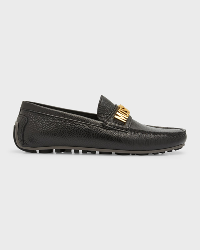 Moschino Men's Logo Leather Driving Loafers In Black