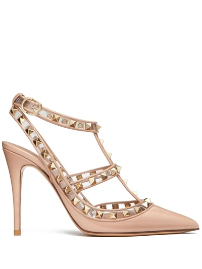 Valentino Garavani Rockstud Ankle Strap Patent Leather Pumps In Beige