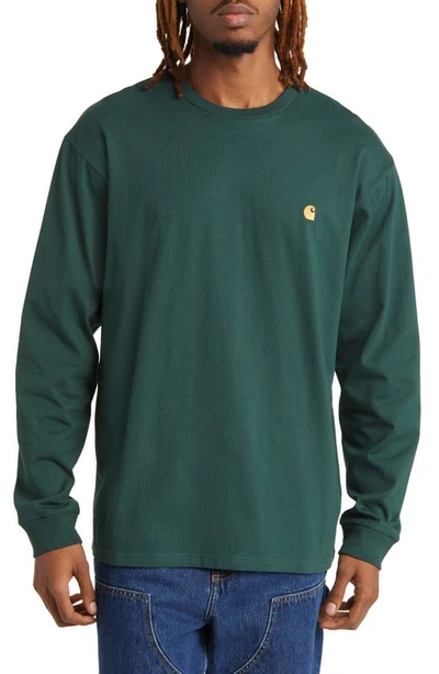 Carhartt Long Sleeve Chase T-shirt In Discovery Green / Gold