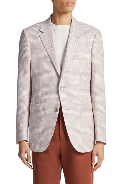 Zegna Pink And White Prince Of Wales Crossover Linen Wool And Silk Fairway Jacket In Dust Pink/white