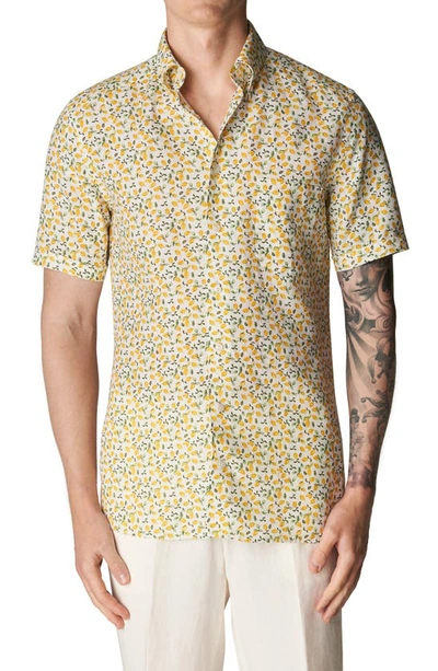 Eton Slim Fit Short Sleeve Linen Button-down Shirt In Lt/ Pastel Yellow