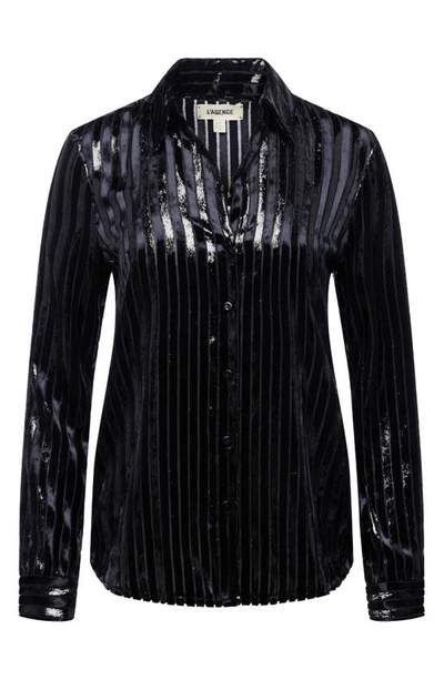 L Agence Laurent Metallic Stripe Velvet Blouse In Black & Gold