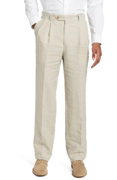 Berle Pleat Front Linen Pants In Tan