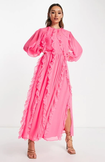 Asos Design Ruffle Detail Long Sleeve Maxi Dress In Bright Pink
