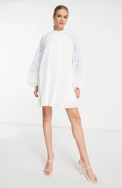 Asos Design Embroidered Long Sleeve Trapeze Dress In White
