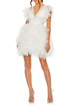 Mac Duggal Flutter Ruffle Sleeve Tiered Dress In White