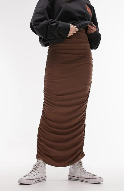 Topshop Cupro Ruched Maxi Skirt In Brown