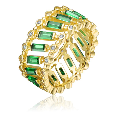 Genevive Gv Sterling Silver 14k Yellow Gold Plated With Emerald & Baguette Eternity Band Ring In Green