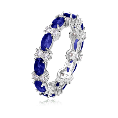 Genevive Sterling Silver White Gold Plated With Sapphire & Cubic Zirconia Chunky Eternity Band Ring In Blue