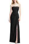 After Six Strapless Pleated Faux Wrap Trumpet Gown With Front Slit In Black