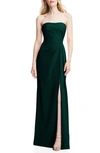After Six Strapless Pleated Faux Wrap Trumpet Gown With Front Slit In Evergreen