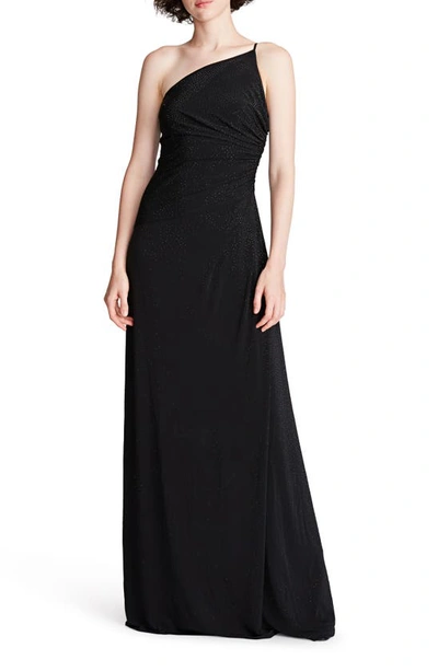 Halston Giselle One-shoulder Rhinestone Jersey Gown In Black
