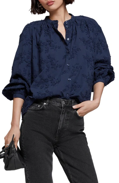 & Other Stories Band Collar Cotton Blouse In Navy