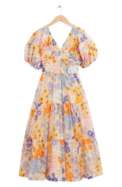 & Other Stories Floral Print Puff Sleeve Dress In Yellow/ Blue Multi Flower